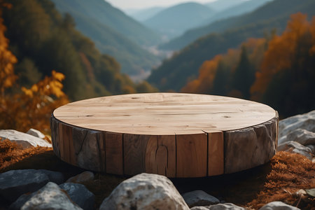 Wooden table top on the background of the autumn forest. 3d renderの素材