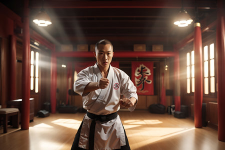 Taekwondo fighter training in the gymial arts conceptの素材