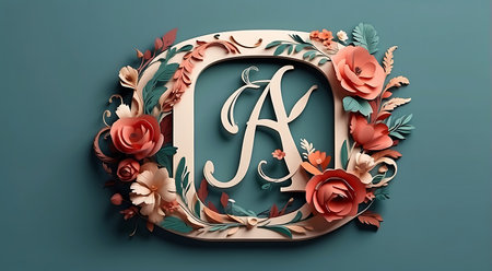3d illustration of letter A with floral decoration on blue background.の素材
