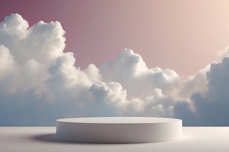 White podium in the sky with clouds. 3D rendering. Mock up.の素材