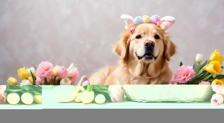 Cute Golden Retriever dog with easter eggs and tulipsの素材