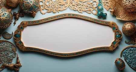 3D render of vintage frame with decorative ornaments on blue backgroundの素材