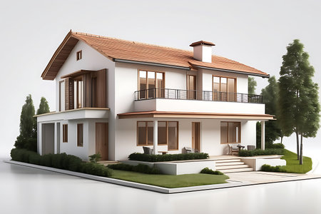 3d rendering of modern cozy house with garage and pool for saleの素材