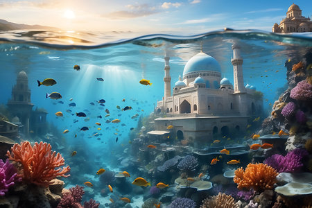 Taj Mahal, the largest mosque in the world, underwater view.の素材