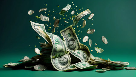 Money rain in the form of coins and dollar bills on a green backgroundの素材