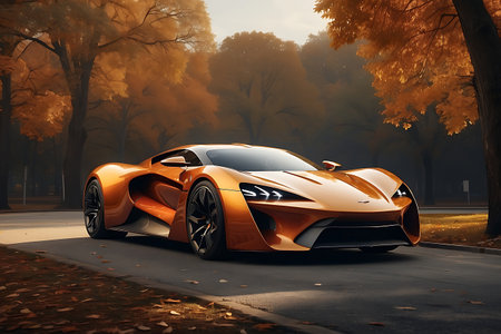3D rendering of a brand-less generic concept car in a parkの素材