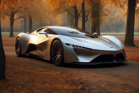 3D rendering of a brand-less generic concept car in a parkの素材