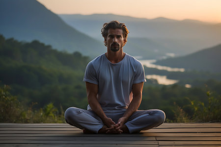Man meditating in lotus position on wooden terrace at sunriseの素材