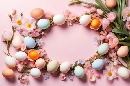 Easter eggs and spring flowers on pink background. Top view.の素材