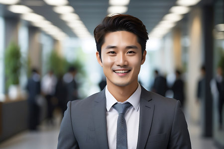 Portrait of young asian businessman smiling at camera in the officeの素材