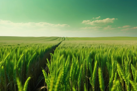 Green wheat field and blue sky with clouds. Beautiful nature background.の素材