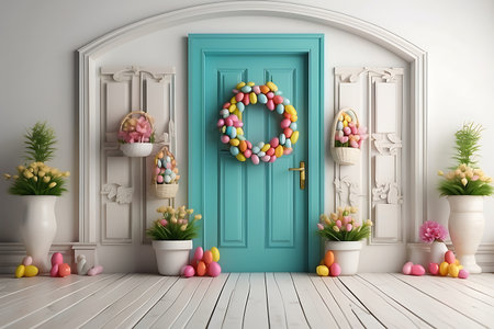 Easter eggs in front of the door. 3D rendering.の素材