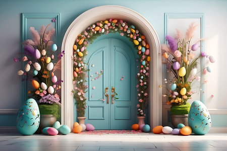 Easter background with blue door and painted eggs - 3d renderingの素材