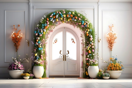Easter interior with a door, flowers and eggs. 3d renderの素材