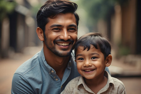 Portrait of a happy indian father and son looking at cameraの素材
