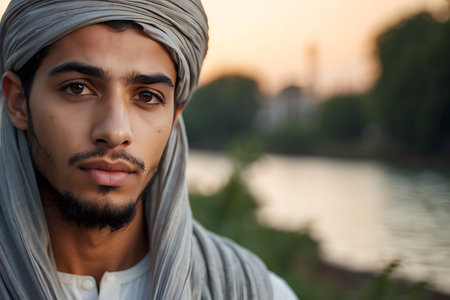 Portrait of a young muslim man in a turban.の素材