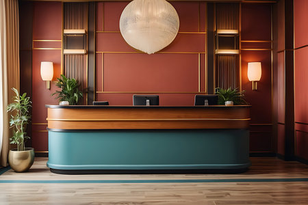 Interior of luxury hotel reception with red walls, wooden floor and blue reception desk. 3d renderingの素材