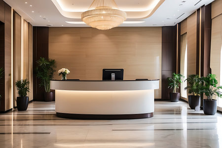 Reception counter in hotel lobby. Luxury hotel reception desk.の素材