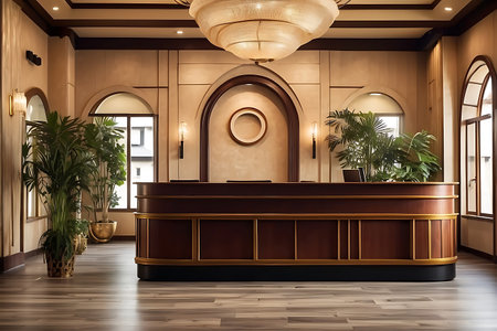 Interior of hotel reception hall with wooden reception desk. 3d renderingの素材