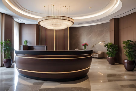 Interior of a hotel reception with a wooden reception desk. 3d renderingの素材