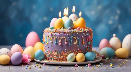 Easter cake with colorful eggs and candles on a blue background.の素材