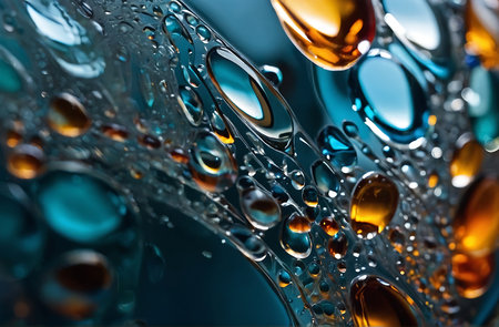 Water drops on a colorful background. Macro photography with shallow depth of field.の素材