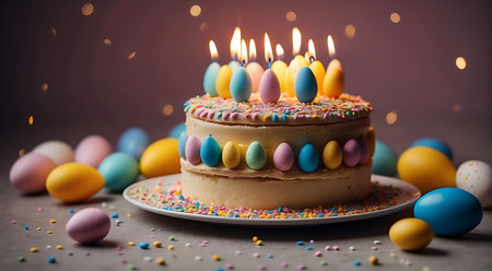 Easter cake with colorful eggs and burning candles on a gray backgroundの素材
