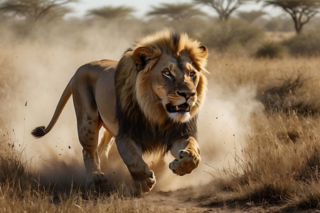 Big male lion running in the savannah of Etosha National Park in Namibiaの素材