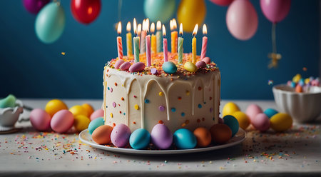 Birthday cake with candles and colorful eggs on a blue background.の素材