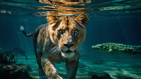 Lioness in the water. Wildlife scene from a nature.の素材