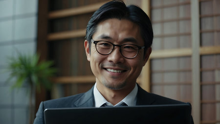 Portrait of a smiling Asian businessman using laptop computer at office.の素材