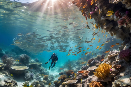 Scuba diving in a tropical coral reef with fishes and coralsの素材