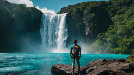 Man with backpack standing on rock and looking at beautiful waterfall in the jungleの素材