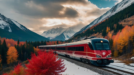 Train on the railway in the autumn forest. Railway station in the mountains.の素材