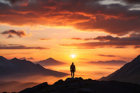 Silhouette of a man standing on the top of a mountain and looking at the sunsetの素材