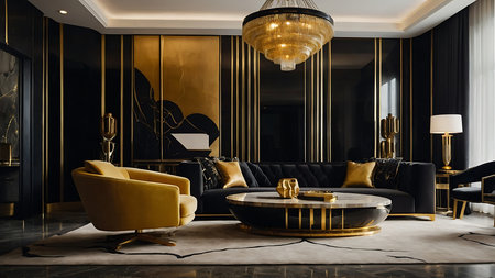 Luxury living room interior with gold and black furniture, 3d renderの素材