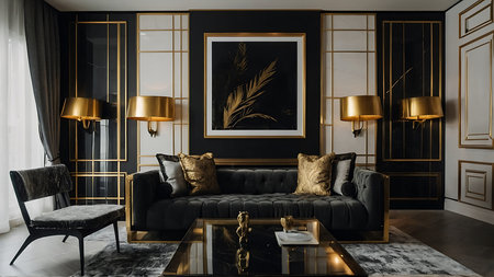 Luxury living room interior design with black sofa, coffee table and gold wall decor. 3d renderの素材