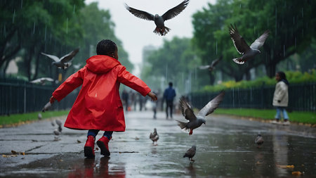 Little girl in raincoat with pigeons on a rainy day.の素材