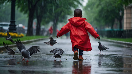African boy in raincoat and rubber boots playing with pigeons in the rainの素材