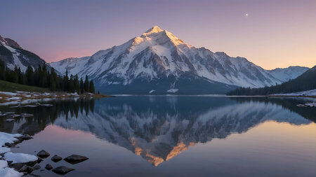 Mountain lake at sunrise, Banff National Park, Alberta, Canadaの素材
