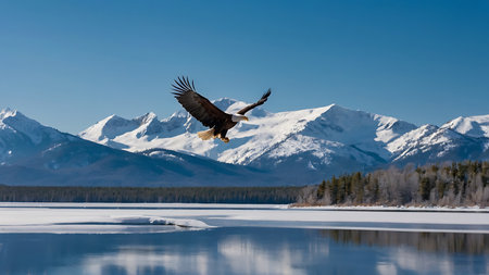 White-tailed eagle (Haliaeetus albicilla) in flight over a frozen lake.の素材