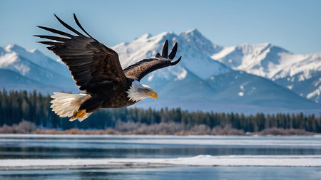 Bald Eagle (Haliaeetus leucocephalus) in flight. Winter landscape. Front view. Alaska. USA.の素材