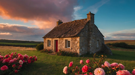 Old house in the field with pink roses and blue sky with cloudsの素材