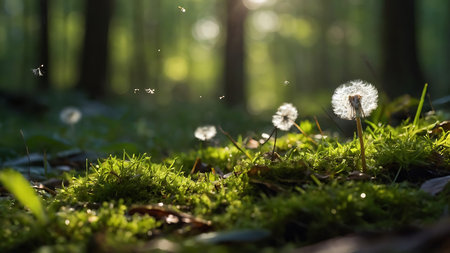 dandelion seeds on green moss in the forest, soft focusの素材