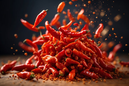 Pile of red hot chili peppers on wooden table, selective focusの素材