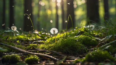 Dandelion seeds in the forest. Soft focus and bokeh.の素材