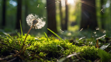 Dandelion flower in the forest, spring season, nature backgroundの素材