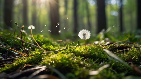 dandelion on the green moss in the forest, soft focusの素材