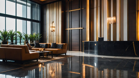 Luxury hotel lobby interior design with black and gold marble floorの素材