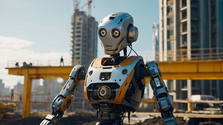 Robot on construction site. Technology concept. 3d rendering.の素材